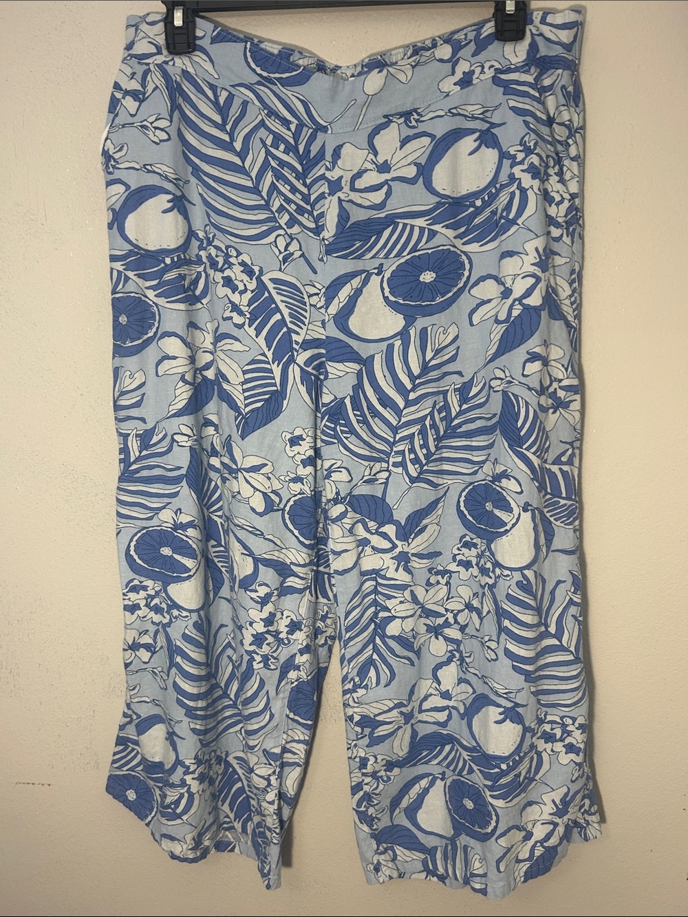 dāsh Linen Blend Tropical Cropped Wide Leg Pants Blue White XL